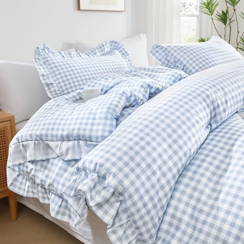 Andency Blue Gingham Ruffle Comforter Full, 3 Pieces Vintage Bedding