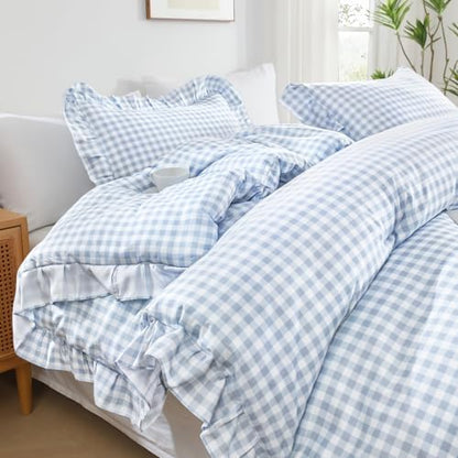 Andency Blue Gingham Ruffle Comforter Full, 3 Pieces Vintage Bedding