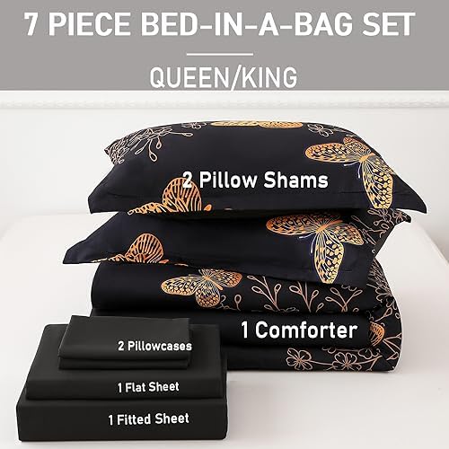 Yogeneg 7 Piece Bed in a Bag Queen Size Comforter Set Black Bedding Set,Gold Butterfly Leaves Printed on Black Reversible Design,Soft Microfiber Comforter with Sheet Set,All Season(Butterfly,Queen)