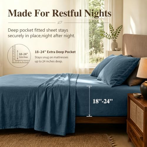 MEISHANG 100% French Linen Sheets California King,4 Pcs,18-24" Deep Pocket