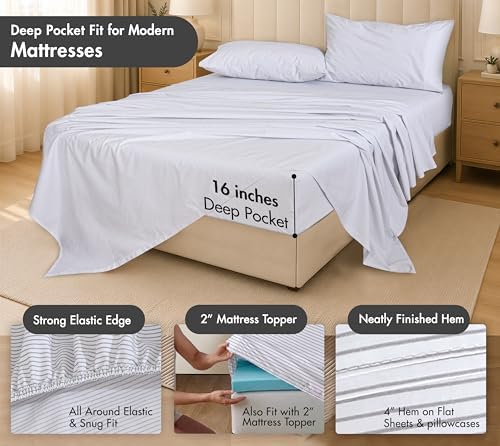 RUVANTI 100% Cotton Queen Sheets, Percale Queen Sheet Set, Grey Pinn Stripe