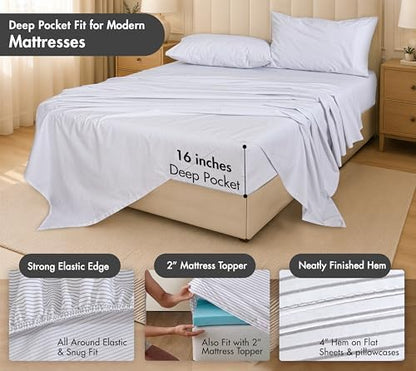RUVANTI 100% Cotton Queen Sheets, Percale Queen Sheet Set, Grey Pinn Stripe