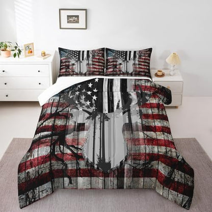 Feelyou American Flag Deer Antlers Bedding Set Hunting Camping Comforter Set for Kids Boys Girls USA Flag Comforter Tree Branch Inner Fill Duvet Set 1 Comforter Set with 2 Pillowcases Queen Size