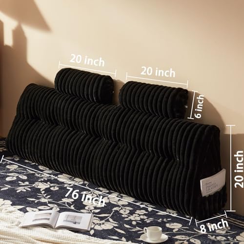 Rycwola Faux Fur Headboard Pillow with 2 Pack Neck Roll Pillow Large Headboard Pillow Soft and Supportive with Removable Cover (Black, King)