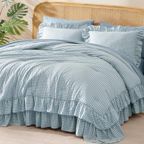 Full Size Comforter Set Blue Gingham Ruffle 7 Pieces Farmhouse Bed in a Bag