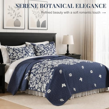 100% Cotton Reversible Floral Quilt Set, Navy, Queen Size, 90x98