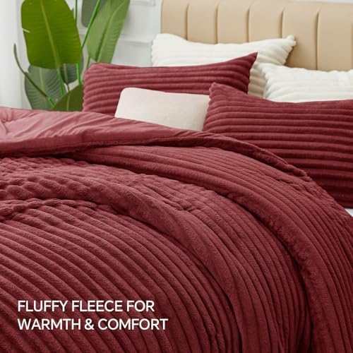 BEDELITE Fleece California King Comforter Set, Fluffy Bed Set, Burgundy
