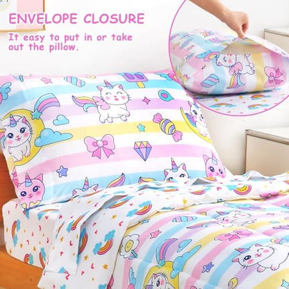 Mooreeke Toddler Bedding Sets for Girls,4 Pieces Cat Rainbow Printed
