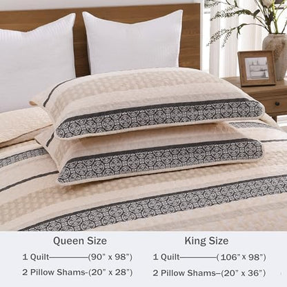Homzard Quilts Queen Size, Cotton Comforter Set, Beige and Grey Queen Bed Set, Lightweight Striped Bedding, Farmhouse Reversible Bedspread All Season 3 Pieces