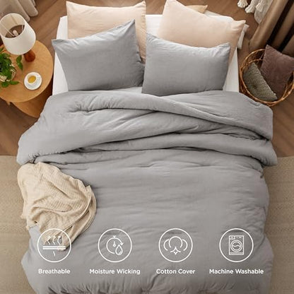 Bedsure PureWoven Cotton Comforter Set Prewashed, King, Grey Stone