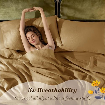 SONORO KATE 100% French Linen Full Size Sheets Set,Natural Flax Bedding