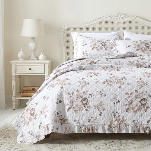 HORIMOTE HOME Khaki Ruffled Quilt Queen Size with 2 Pillow Shams, Shabby Chic Floral Printed Reversible Bedspread Coverlet, Soft Lightweight Comforter Bed Cover for All Season, 3 Pieces, 90x96 inches