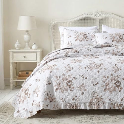 HORIMOTE HOME Khaki Ruffled Quilt Twin Size with 1 Pillow Sham, Shabby Chic Floral Printed Reversible Bedspread Coverlet, Soft Lightweight Comforter Bed Cover for All Season, 2 Pieces, 68x86 inches