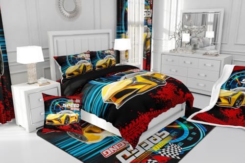 Erosebridal Kid Comforter Set - King Size,Racing Car Bedding Sets for Boys & Girls,Race Cars Quilt Bed Set with 1 Comforter 2 Pillowcases,Red Black and Yellow