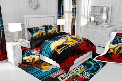Erosebridal Kid Comforter Set - King Size,Racing Car Bedding Sets for Boys & Girls,Race Cars Quilt Bed Set with 1 Comforter 2 Pillowcases,Red Black and Yellow