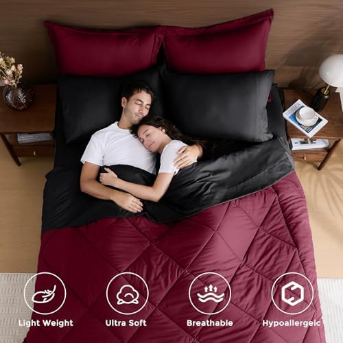 HEVUMYI 7-Piece Queen Comforter Set, Red & Black Bed in a Bag