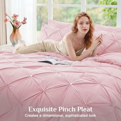 JOLLYVOGUE Oversized Queen Comforter Set 7 Pieces - Bed in a Bag Oversized Queen for All Season, Pintuck Bedding Sets with Comforter, Flat Sheet, Fitted Sheet and Pillowcases & Shams, Baby Pink