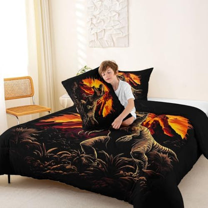 Feelyou Kids Dino Kids Comforter Set Full Size Dinosaur Bedding Set Volcano Duvet Quilt for Kids Boys Girls Bedroom Ancient Jungle Dinosaur Decor Yellow Black Microfiber Ultra Soft Breathable