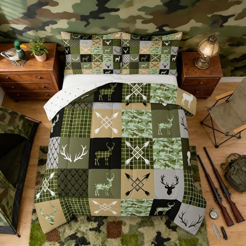Feelyou Hunting Camo Bear Deer Comforter Set Queen for Kids Boys Bedding