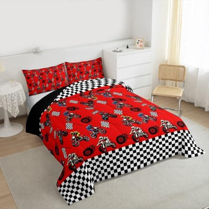 Feelyou Dirt Bike Comforter Set Full Size Racing Motocross Rider Bedding Set for Kids Boys Girls Motorbike Duvet Quilt Motorcycle Bedroom Decor Extreme Sports Microfiber 3 Pcs with 2 Pillow Cases