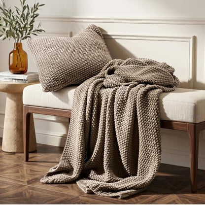 EverGrace Organic Cotton Chunky Knit Throw Blanket, 60 x 80 Stone Taupe