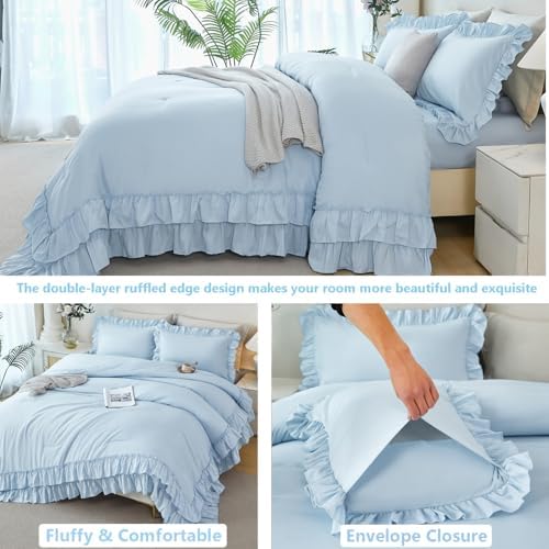 ANGIYUIN 5 Pieces Light Blue Full Bed in A Bag for Girls Ruffle Bedding Sets Farmhouse Fluffy Comforter Set Soft Lightweight Bed Sets for Women Girls(Light Blue Full)