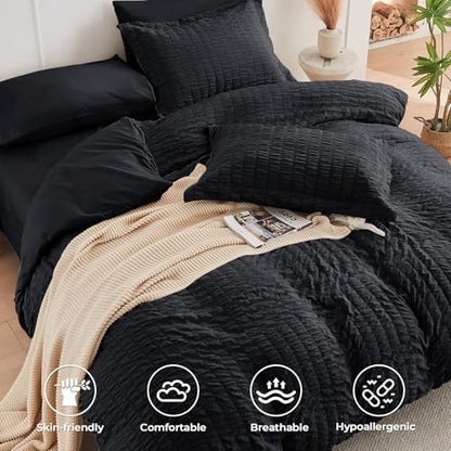 HYMOKEGE Black Oversized Queen Comforter Set Seersucker 7 Pieces, All Season Luxury Bed in a Bag for Bedroom, Bedding Set with Comforter, Sheets, Pillowcases & Shams