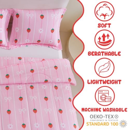 Yibeizi Pink Strawberry Comforter Set for Girls Full Bow Striped Bedding