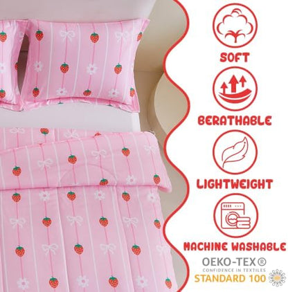 Yibeizi Pink Strawberry Comforter Set for Girls Full Bow Striped Bedding