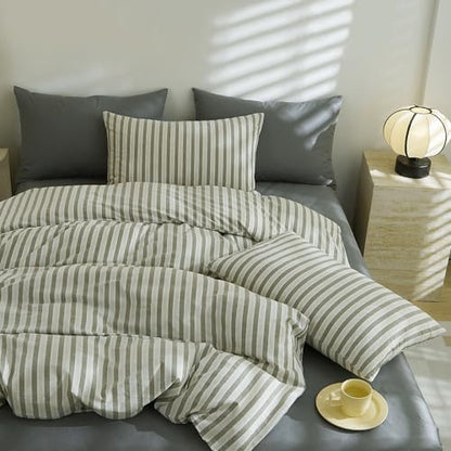LifeTB Grey Striped Comforter Set Queen, Vintage White Grey Stripes Pattern Printed Bedding Set, Lightweight 3 Pieces Bedding Comforter with 2 Pillowcases, Farmhouse Striped Queen Comforter Set