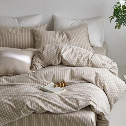 MooMee Striped Duvet Cover Set 100% Washed Cotton Linen Like King