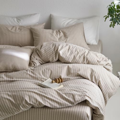 MooMee Striped Duvet Cover Set 100% Washed Cotton Linen Like Alaska King