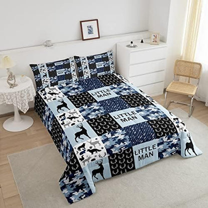 Camo Deer Antlers Comforter Set Queen,Geometric Checkered Patchwork Bedding Set 3pcs for Kids Teens Boys Adults Room Decor,Boho Arrow Quilt Set,Blue,2 Pillowcases