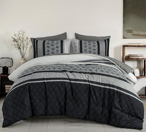 Cottolester Boho Comforter Set Queen Size,Black Gray Striped Bed in a Bag