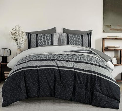 Cottolester Boho Comforter Set Queen Size,Black Gray Striped Bed in a Bag