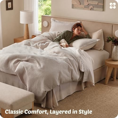 Bedsure PureWoven 3 Pieces 100% Cotton Waffle Duvet Cover Set, King, Linen