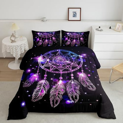 Erosebridal Dream Catcher Feather Comforter Set, Bohemian Mandala Down Comforter King Size for Kids Girls Boys, Starry Sky Galaxy Bedding Set Boho Tie Dye Exotic Flower Quilted Duvet, Purple