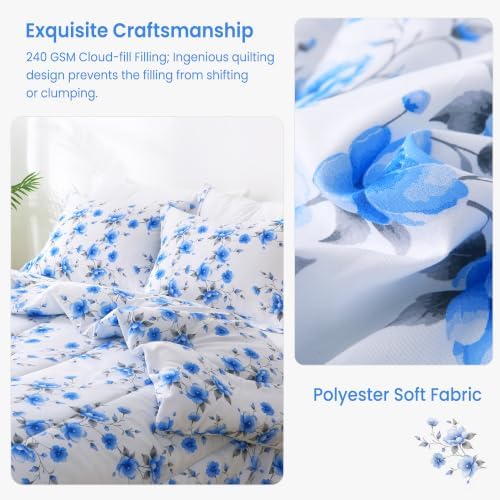 Mooreeke Floral Full Size Comforter Sets, Gradient Blue Flower Patterned Bed in a Bag for All Seasons, 3-Piece Farmhouse Rustic Bedding Set with Fluffy Quilted Reversible Comforter & 2 Pillow Shams