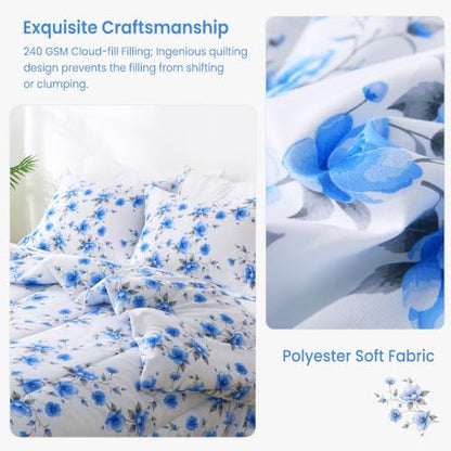 Mooreeke Floral Full Size Comforter Sets, Gradient Blue Flower Patterned Bed in a Bag for All Seasons, 3-Piece Farmhouse Rustic Bedding Set with Fluffy Quilted Reversible Comforter & 2 Pillow Shams