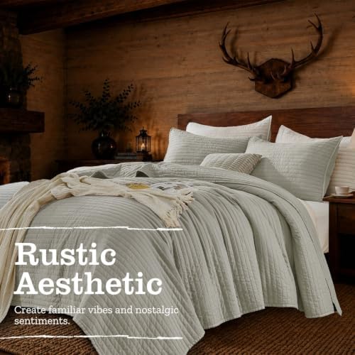 DOWN HOME Cali King Quilt Bedding Set with Shams, Vintage Washed Quilted Blanket Thin Comforter Lightweight Bedspread Coverlet Bed Cover, Brushed Microfiber Stripe Stitching, Light Gray, 111"x92"