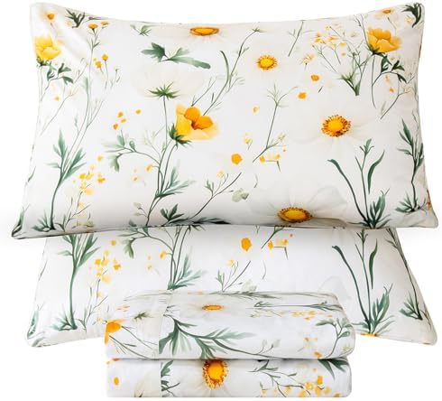 QSH 4PCs Green Floral Sheets Queen Size,100% Egyptian Cotton Sheets Queen Size Yellow Platycodon Flowers Botanical Pattern Printed Bed Sheet Extra Soft and Breathable 17.5" Deep Pockets Bedding Sheet