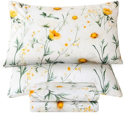 QSH 4PCs Green Floral Sheets Queen Size,100% Egyptian Cotton Sheets Queen Size Yellow Platycodon Flowers Botanical Pattern Printed Bed Sheet Extra Soft and Breathable 17.5" Deep Pockets Bedding Sheet
