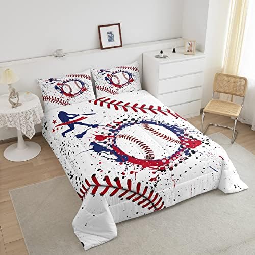 Castle Fairy Baseball Comforter Set Queen Size Graffiti Red Navy Blue Bedding Set 3pcs for Kids Boys Teens Bedroom Decor Ball Sports Gaming Quilt Set Baseball Player White Duvet Insert,2 Pillowcases