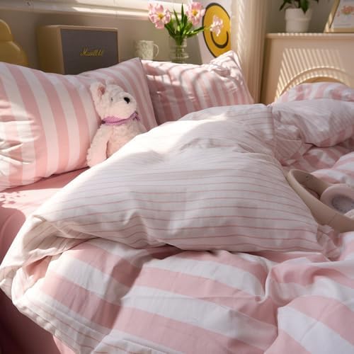 LifeTB Peach Pink Striped Comforter Set Twin XL, 3 Piece Vintage Stripes Pattern Printed Bedding Set, Breathable Soft Farmhouse Striped Bedding Comforter Twin XL, Cozy Lightweight Pink Comforter Set