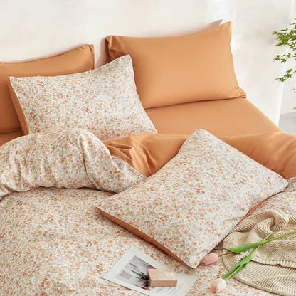 Wake In Cloud - Floral Comforter Set with Sheets, Cute Vintage Flower Cottagecore Aesthetic for Women Teen Girls, 5 Pieces Bed in a Bag, Cream Orange, Twin Size