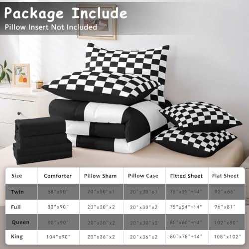 Feelyou Checkered Retro 7 Piece Bedding Set Teen Women Men Black White Plaid Comforter Set with Sheets Twin Size Kids Boys Geometric Vintage Bed in a Bag Modern Simple Groovy Aesthetic Room Decor