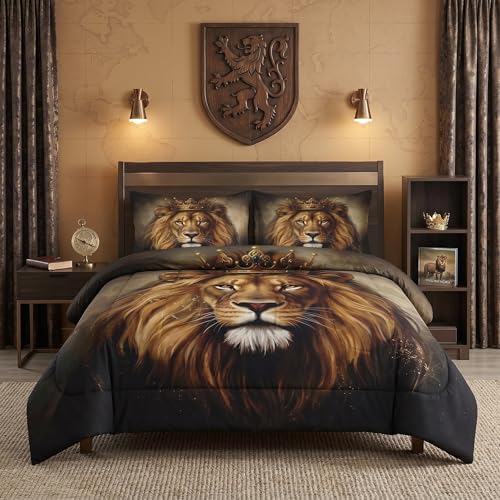 Pamnest Comforter Set Full Size, King Lion Golden Soft 3 Pcs Bedding for Kids and Adults, Animal Painting Cat Comforter Set with 2 Pillowcases, for Bedroom Bed Decor