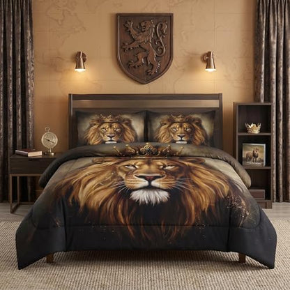 Pamnest Comforter Set Full Size, King Lion Golden Soft 3 Pcs Bedding for Kids and Adults, Animal Painting Cat Comforter Set with 2 Pillowcases, for Bedroom Bed Decor