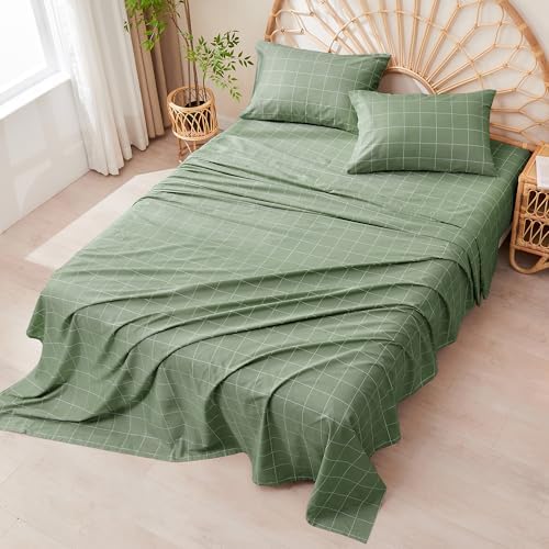 JELLYMONI 100% Cotton Sheet Set, Green Plaid, Full