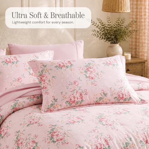 BLOOMHAVEN Full Size Comforter Sets-7 Pieces Pink Floral Bed in a Bag